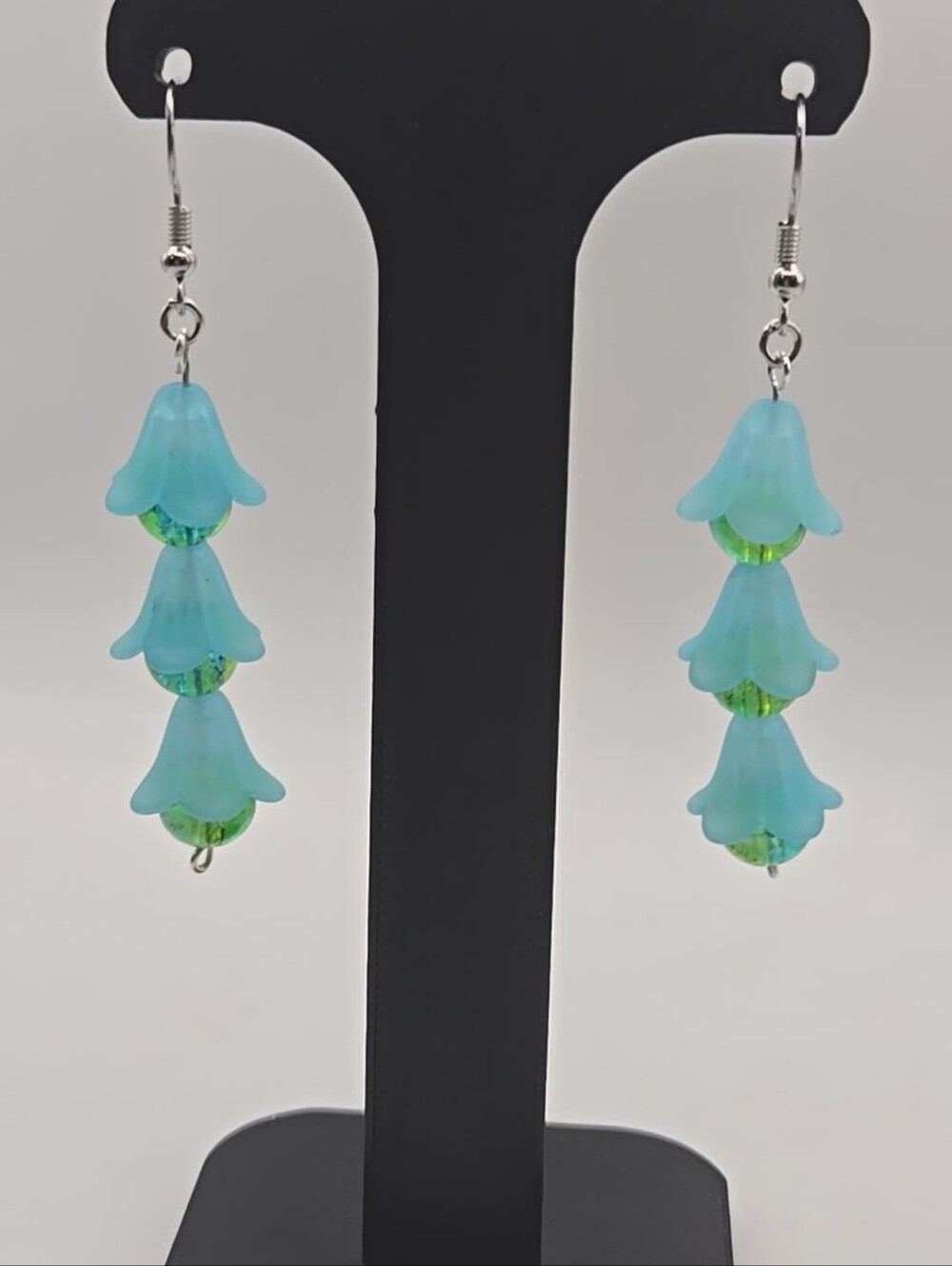 Handmade Blue Flower Dangle Earrings Green Beaded Floral Jewelry